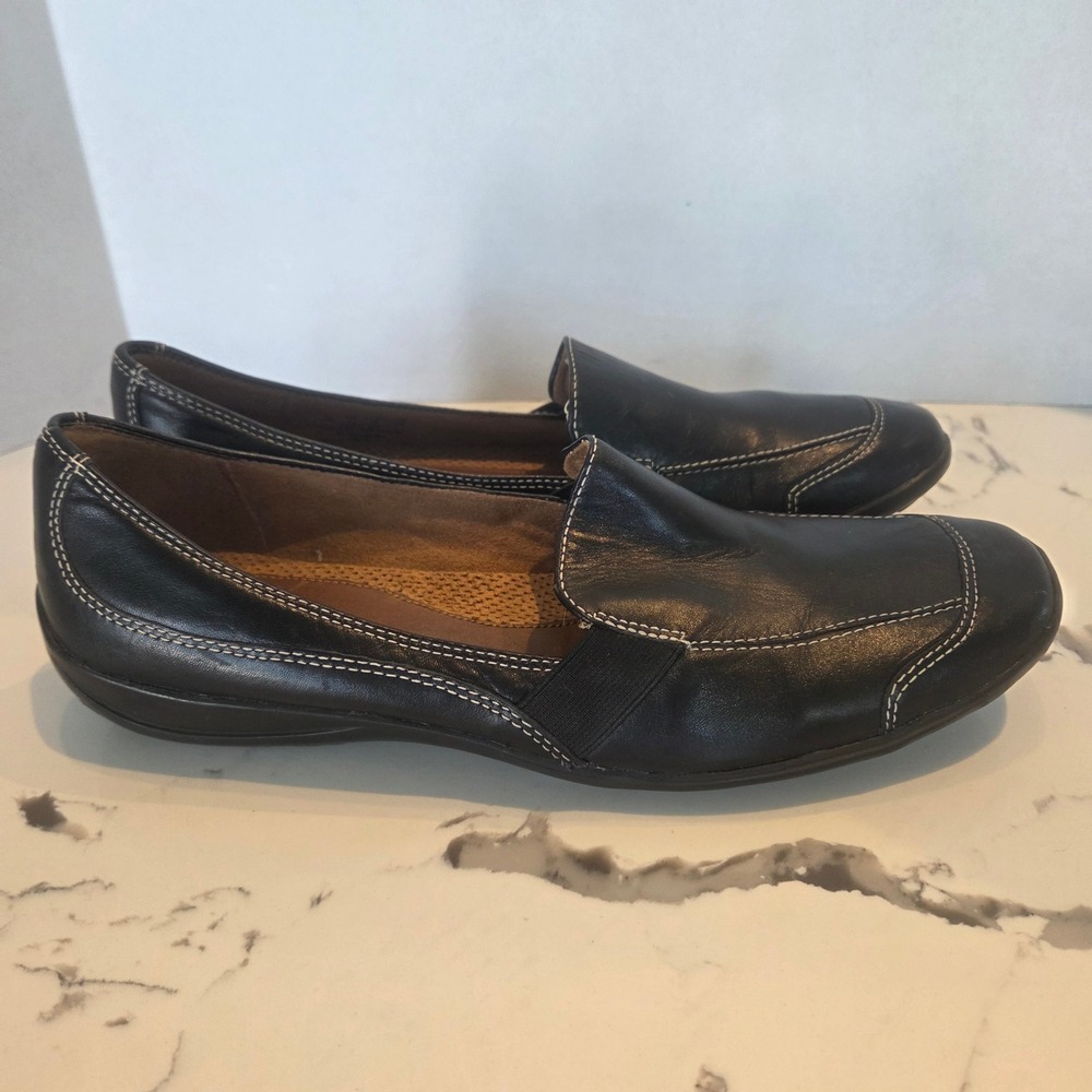 Naturalizer/Natural Soul Blk Leather Loafers Comfort Slip On Wht Stitch Women 11 - Picture 7 of 13